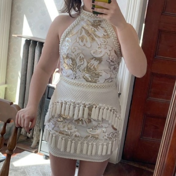 charlyia white premium halterneck sequin tassel bodycon dress